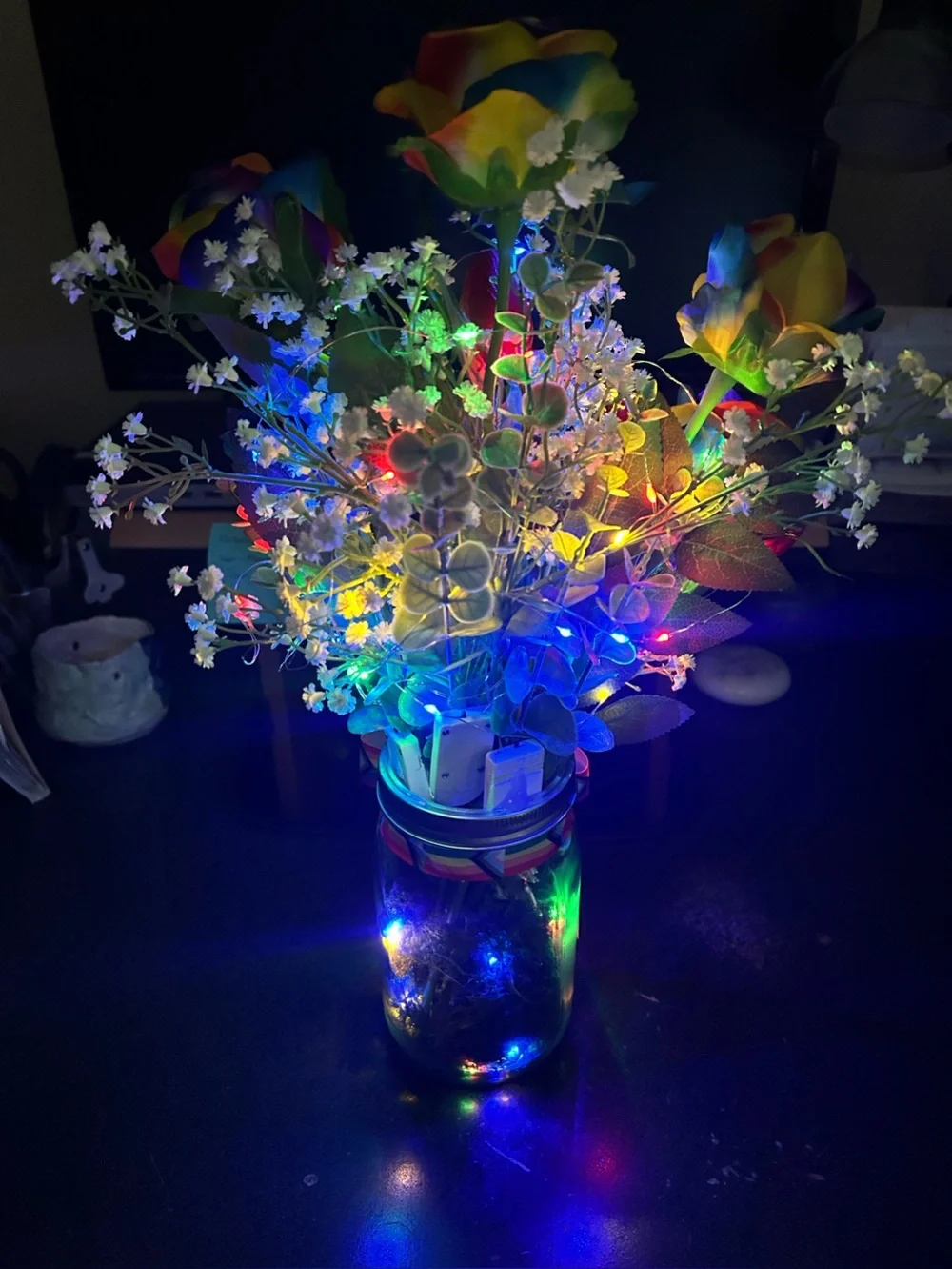 LARGE PRIDE/ALLY FAUX FLORAL ARRANGEMENT W/ 21’ OF FAIRY LIGHTS/HANDMADE/NWT